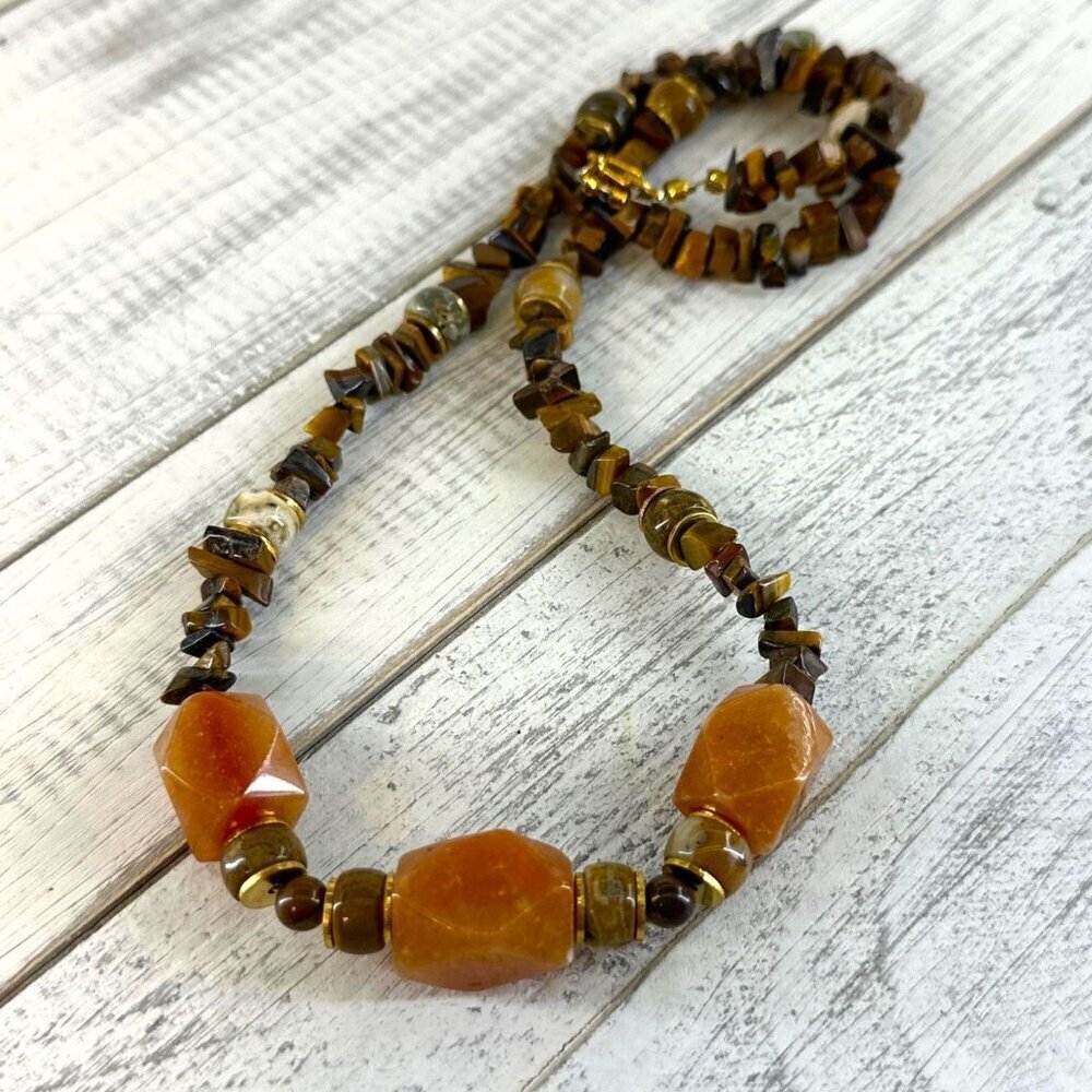 Natural Stone Necklace Artisan Made Tigers Eye Aventurine Healing 23 Inch Length